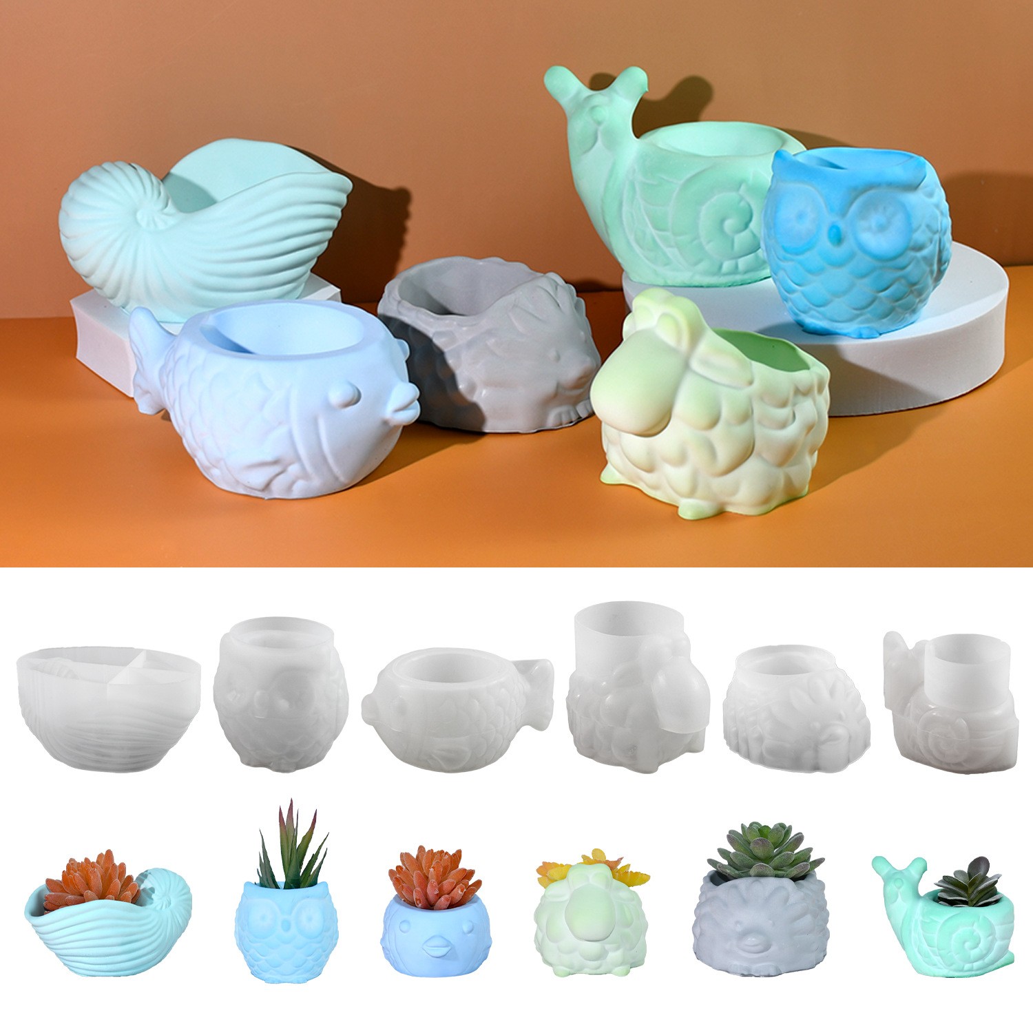 Succulent Set - Cetakan Silikon Pot Bunga Hewan 3D